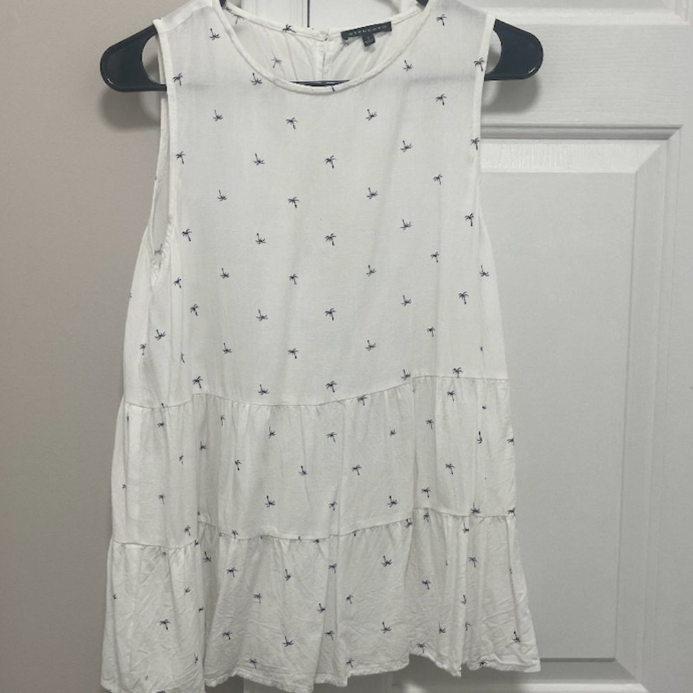 White Flowy Tank Top Shirt with Palm Trees Size S
